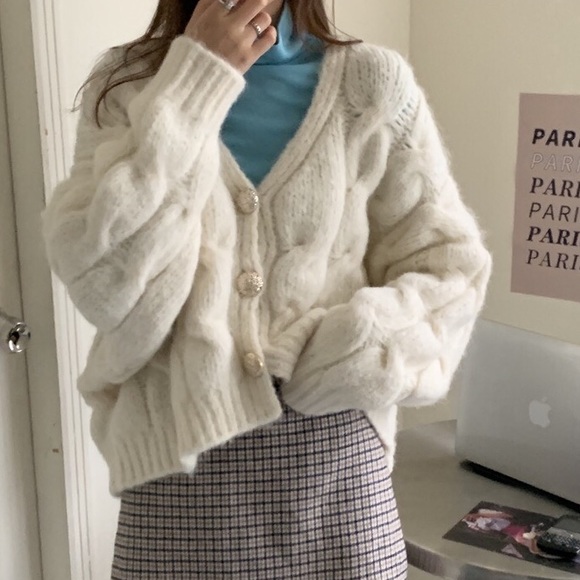 Cardigan sweater cable knit pink cream white womens button long sle… - Picture 16 of 16